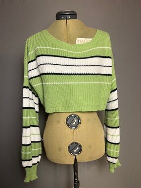 SHEIN Green White Black Striped Cropped Crewneck Sweater